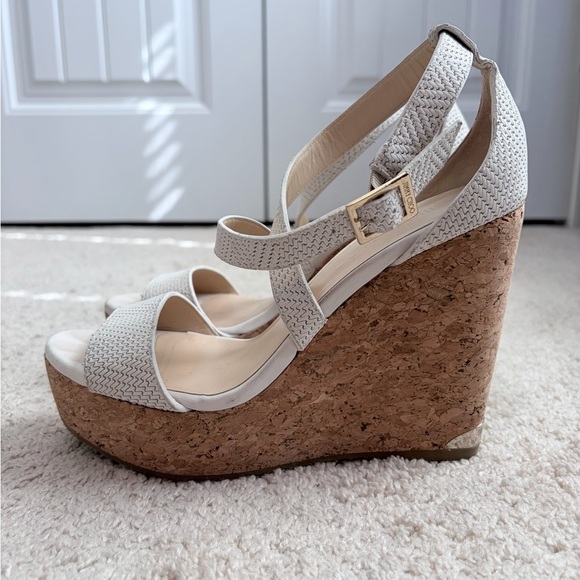 Jimmy Choo Shoes - Jimmy Choo White Woven Leather Portia Cork Wedge Platform Sandals Sz 38.5 US 8.5